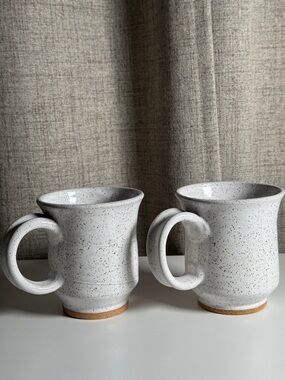 Studio Pottery Mugs White Speckled Glaze Signed Set of 2